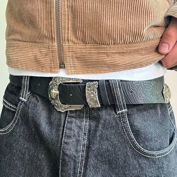 vintage style black American western floral silver boho belt - Picture 6 of 7